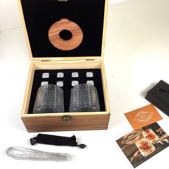 Pair Crystal Whiskey Glasses Gift Box Set Silk Lowball w/Rocks & Tongs JZBVAN - Picture 2 of 8